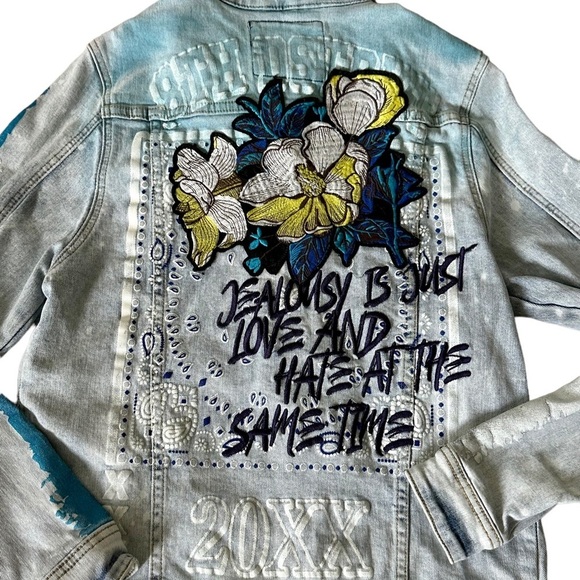 8IGHTH DSTRKT Denim Jean Jacket Embroidered Jealousy Just Love Man S/M Women - Picture 3 of 16